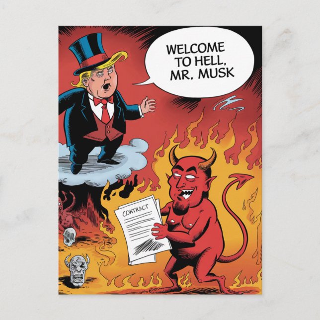 Carte Postale Caricature Trump Bienvenue en enfer M. Musk (Devant)