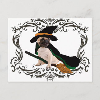 Carte Postale carlin de sorcière à balai volant halloween heureu