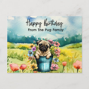 Carte Postale Carlin en Fleur sauvage aquarelle d'anniversaire
