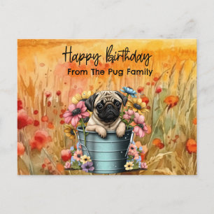 Carte Postale Carlin en Fleur sauvage aquarelle d'anniversaire