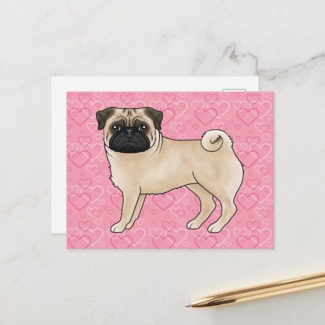 Carte Postale Carlin Fun Chien Cartoon Mops Love Heart Motif ros (Devant/Arrière en situation)