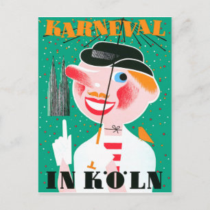 Carte Postale Carnaval à Cologne, homme heureux sous parapluie