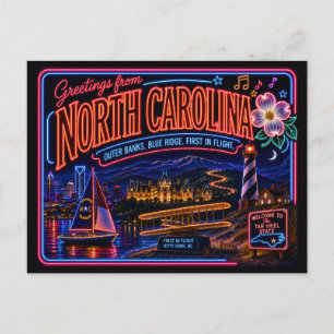 Carte Postale Caroline du Nord Neon State Rétro Vintage