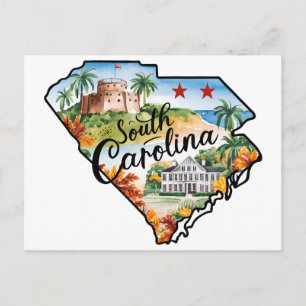 Carte Postale Caroline du Sud États-Unis État Forme Vintage Aqua