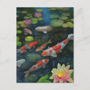 Carte Postale Carpe Koï Nageant Fleur de Lotus Étang Peinture Ze