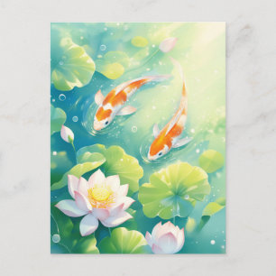 Carte Postale Carpes Koï Nageant dans un Étang de Fleurs de Lotu