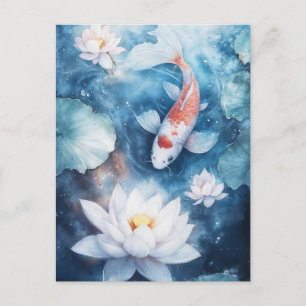 Carte Postale Carpes Koï Nageant dans un Étang de Lotus Indigo S