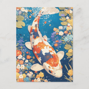 Carte Postale Carpes Koï Orange Blanche Noire dans un Étang de F