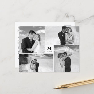 Carte Postale Carré blanc Monogramme 4 Mariage photo Merci