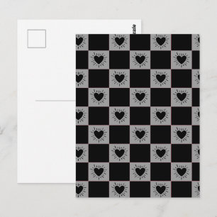 Carte Postale Carreau à carreaux noir et gris avec motif de cœur