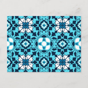 Carte Postale Carrelage marocain floral, Indigo, bleu ciel et bl