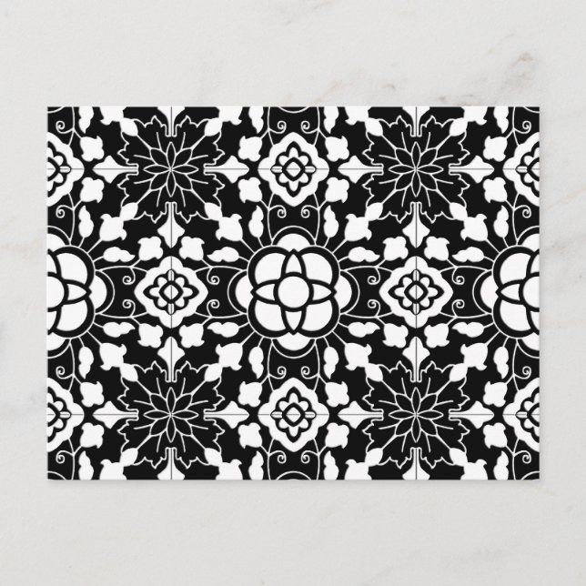Carte Postale Carrelage marocain floral, noir et blanc (Devant)