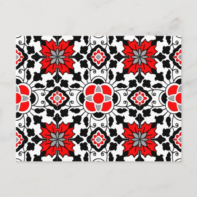 Carte Postale Carrelage marocain floral, rouge profond, noir et  (Devant)