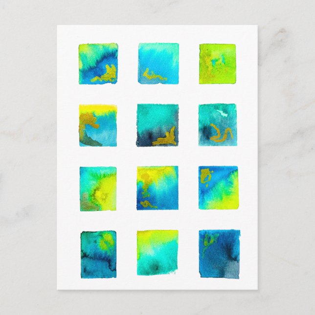 Carte Postale carrés bleus et verts à l'aquarelle (Devant)