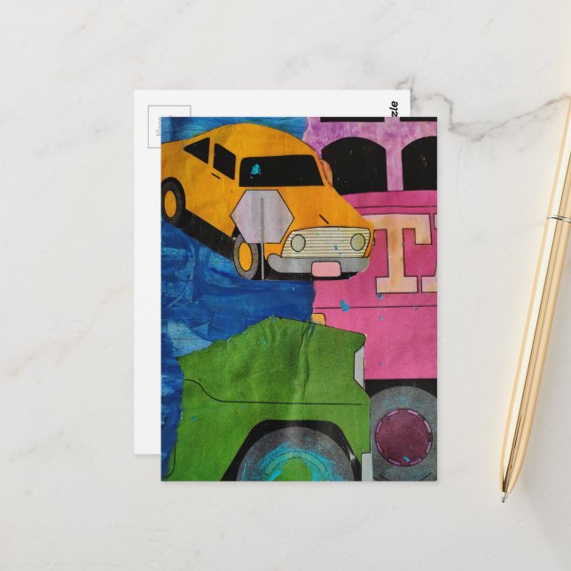 Carte Postale Cars and Trucks yellow green pink blue collage  (Devant/Arrière en situation)