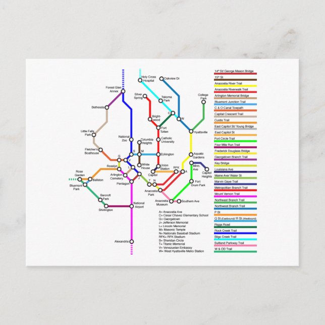 Carte postale Carte cyclable Washington DC (Devant)