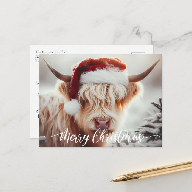 Carte postale Carte de Noël Highland Cow (Devant/Arrière en situation)