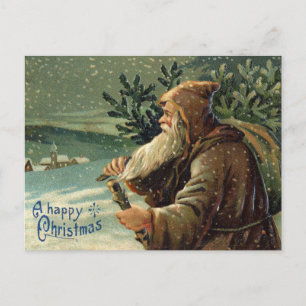 Carte Postale =Carte de Noël vintage, Père Noël et arbre