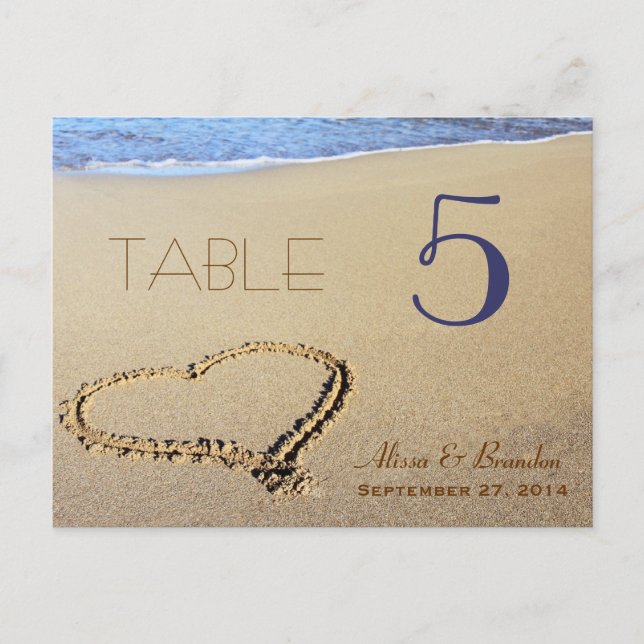 Carte Postale Cartes, nom et date de la table Heart in Sand (Devant)