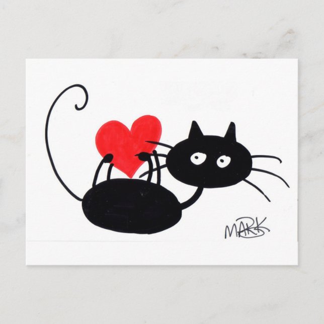 Carte Postale Carton Chat noir et coeur rouge (Devant)