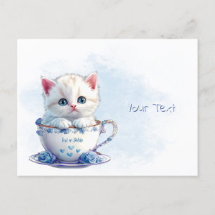 Carte Postale Carton de Chaton dans une Tasse Fleurs Bleues