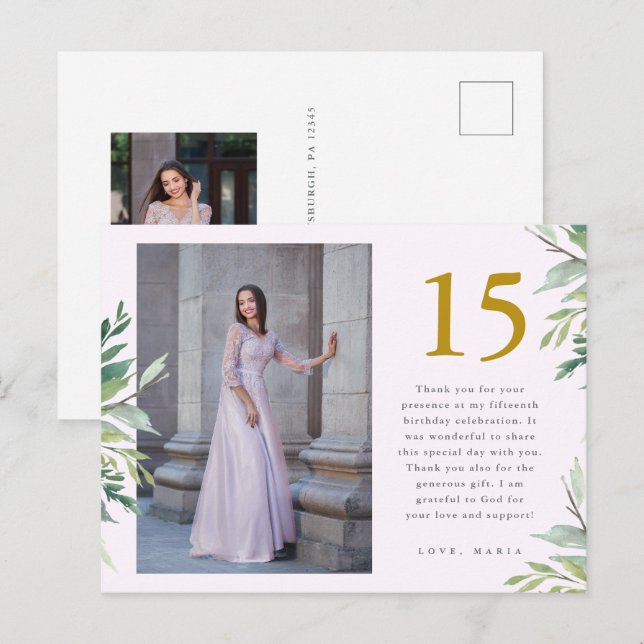 Carte Postale Carton de remerciement Quinceanera Photo Greenery  (Devant / Derrière)