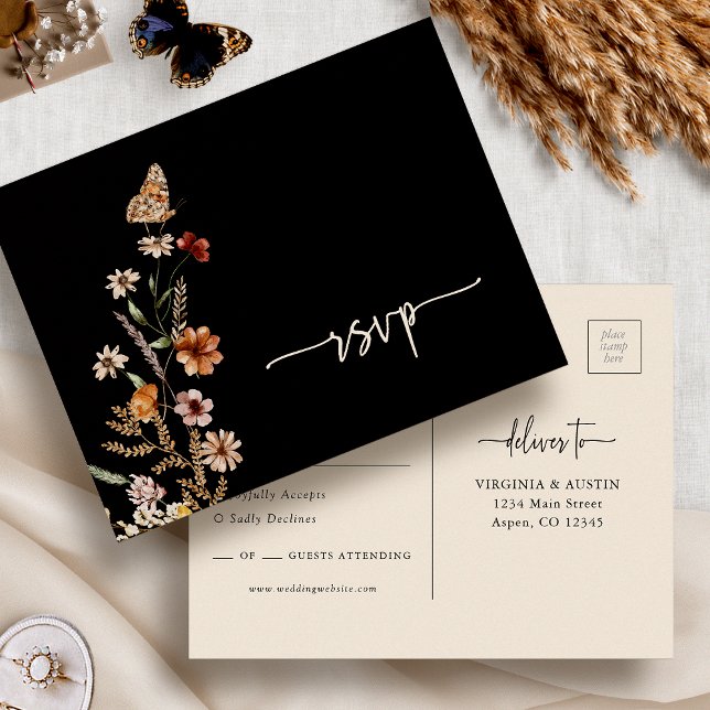 Carte Postale Carton de réponse de mariage Black Boho (Black Floral  Boho RSVP Wedding Postcard with Butterfly by Painted Paperie
)