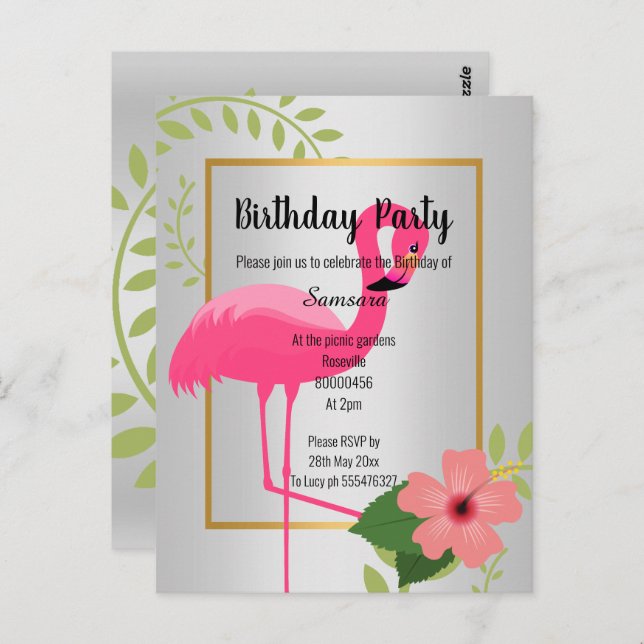 CARTE POSTALE CARTON D'INVITATION ANNIVERSAIRE FLAMINGO BRILLANT (Devant / Derrière)