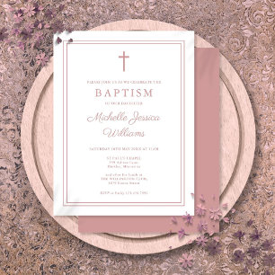 Carte Postale Carton d'invitation au baptême à bordure rose pous