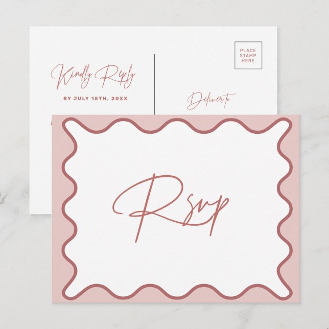Carte Postale Carton d'invitation avec bordure ondulée rose et b (Devant / Derrière)
