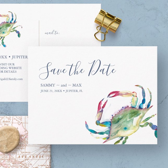 Carte Postale Carton d'invitation Crabe Aquarelle Sauvegarder la (non photo wedding save the date invitations feature watercolor crab art by Victoria Grigaliunas)
