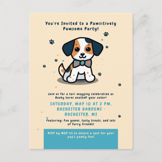 Carte Postale Carton d'invitation d'anniversaire de chiot Kawaii (Devant)