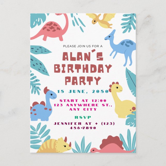 Carte Postale Carton d'invitation d'anniversaire de dinosaure mi (Devant)