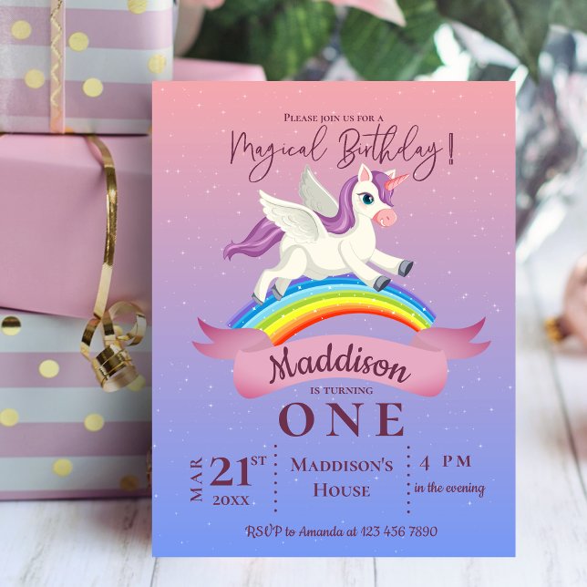 Carte Postale Carton d'invitation d'anniversaire thème licorne m (Pastel Magical Unicorn Themed Birthday Invitation Postcard)