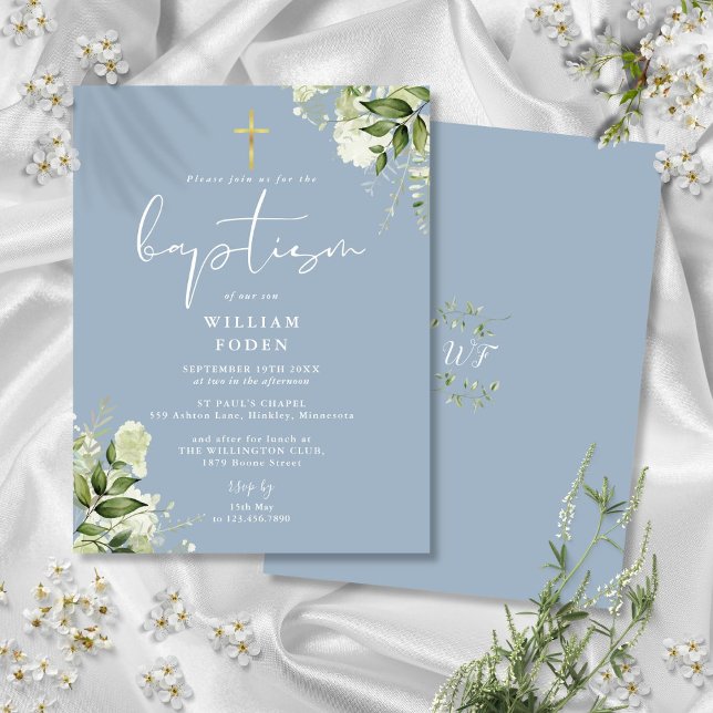 Carte Postale Carton d'invitation de baptême floral verdure bleu (Greenery Floral Dusty Blue Baptism Invitation Postcard)