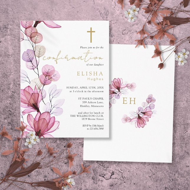 Carte Postale Carton d'invitation de confirmation Fleur de rose  (Dusty Rose Floral Gold Confirmation Invitation Postcard)