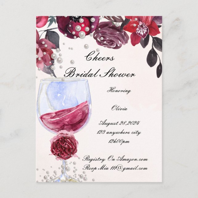 Carte Postale carton d'invitation de douche de mariée bordeaux (Devant)