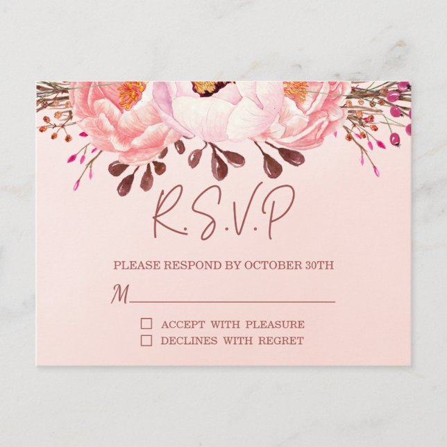 Carte Postale Carton d'invitation de mariage floral rose (Devant)
