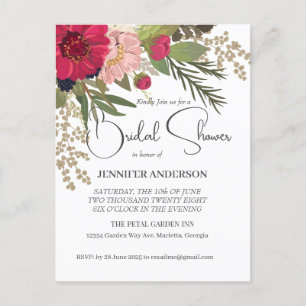Carte Postale Carton d'invitation de mariage floral rouge et ver