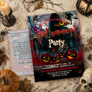 Carte Postale Carton d'invitation Halloween sorcière citrouilles