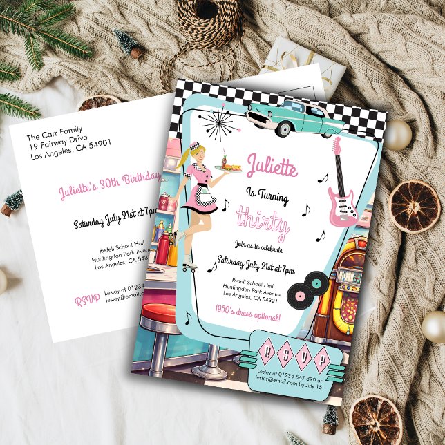 Carte Postale Carton d'invitation pour une soirée à thème diner  (1950s Retro Diner Themed Birthday Party invitation post card)
