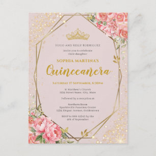 Carte Postale Carton d'invitation Quinceanera rose tendre