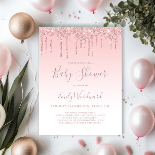 Carte Postale Carton d'invitation Rose à paillettes pour Baby Sh