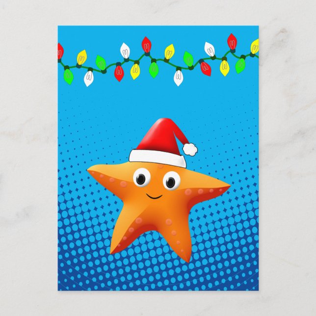 Carte Postale Carton mignon Starfish Santa Hat lumières de Noël (Devant)