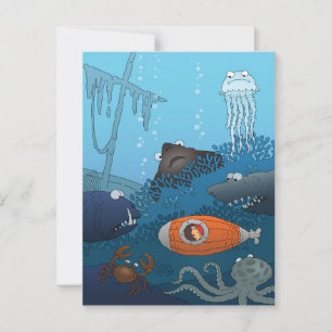 Carte Postale Cartoon Boy Sous-marin Animaux sous-marins Coral W