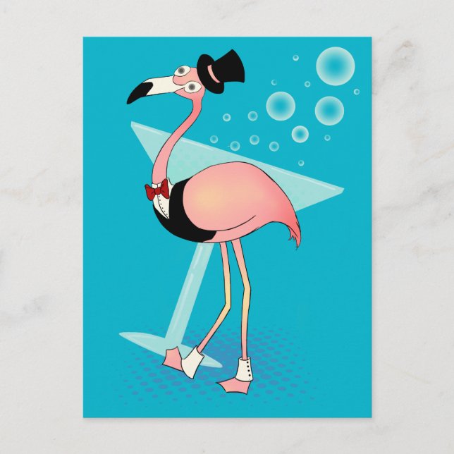 Carte Postale Cartoon Casino Flamant rose avec Martini (Devant)
