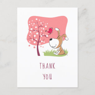 Carte Postale Cartoon Chien Chien Chiot Fleur Oiseau Rose Fille
