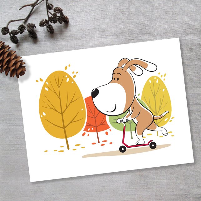 Carte Postale Cartoon Cute Funny Dog Puppy Kick Scooter (Créateur téléchargé)