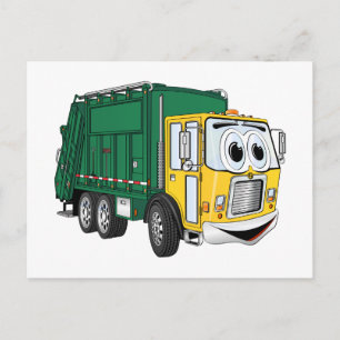 Carte Postale Cartoon de camion-poubelle vert souriant en or