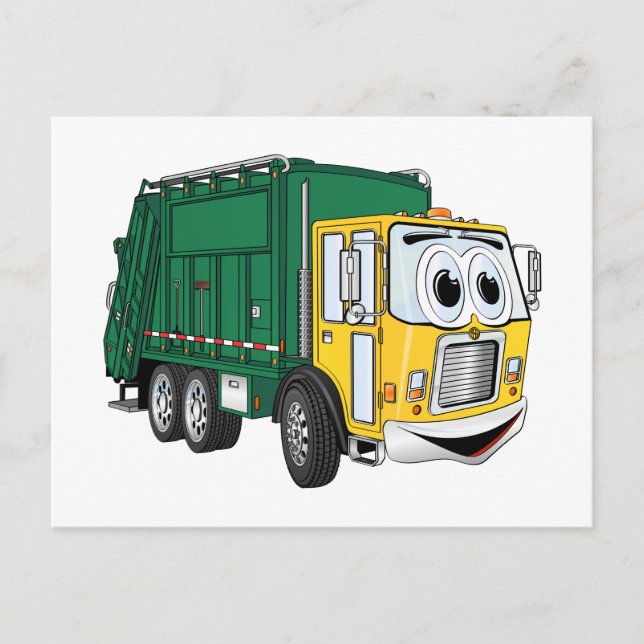 Carte Postale Cartoon de camion-poubelle vert souriant en or (Devant)